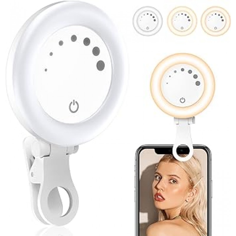 UBeesize F508 셀카 조명, 스마트폰 조명, 소형, USB 충전, 3색, 7단계 밝기, 3,000K - 6,500K 밝기 조절 가능, 경량, 클립형, 콤팩트, 휴대용, 여배우용 조명