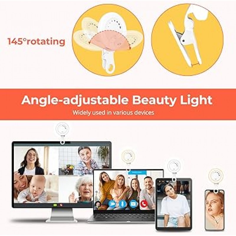 UBeesize F508 셀카 조명, 스마트폰 조명, 소형, USB 충전, 3색, 7단계 밝기, 3,000K - 6,500K 밝기 조절 가능, 경량, 클립형, 콤팩트, 휴대용, 여배우용 조명