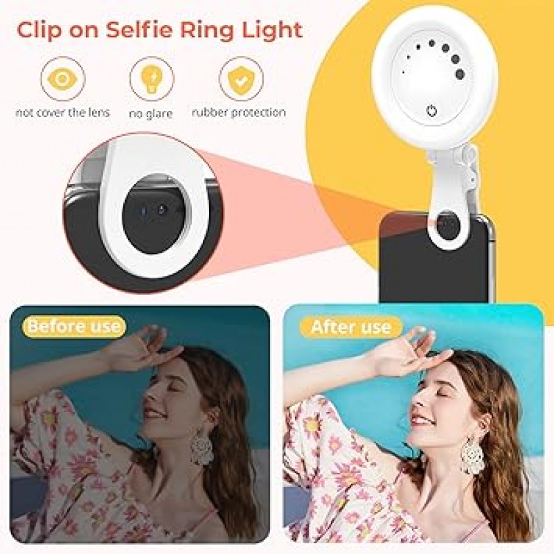 UBeesize F508 셀카 조명, 스마트폰 조명, 소형, USB 충전, 3색, 7단계 밝기, 3,000K - 6,500K 밝기 조절 가능, 경량, 클립형, 콤팩트, 휴대용, 여배우용 조명