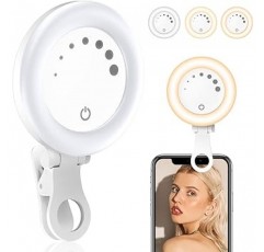 UBeesize F508 셀카 조명, 스마트폰 조명, 소형, USB 충전, 3색, 7단계 밝기, 3,000K - 6,500K 밝기 조절 가능, 경량, 클립형, 콤팩트, 휴대용, 여배우용 조명