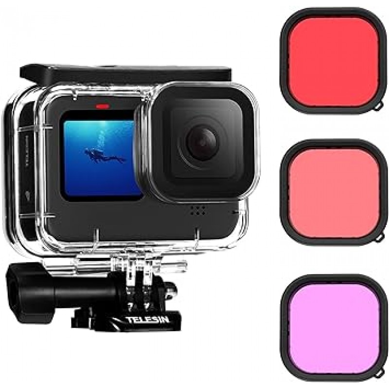 GoPro 용 TELESIN 방수 하우징 케이스 + Hero 11 Mini 10 9 60M 용 3 가지 색상 필터 딥 다이빙 방수 방진 보호 하우징 다이빙 보호 쉘 수중 사진 액세서리