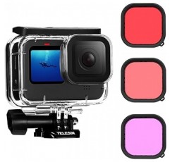 GoPro 용 TELESIN 방수 하우징 케이스 + Hero 11 Mini 10 9 60M 용 3 가지 색상 필터 딥 다이빙 방수 방진 보호 하우징 다이빙 보호 쉘 수중 사진 액세서리