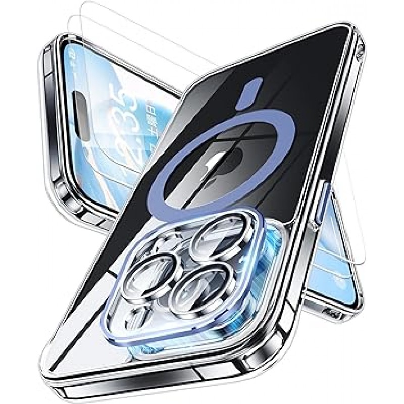 Magsafe 2023 Oterkin iPhone 15 Pro 케이스, 자석 내장, 충격 방지, 전체 카메라 보호, 유리 필름 2개 포함, 황변 방지, 긁힘 방지, 투명하고 얇음, 무선 충전 호환, iPhone 15 Pro 케이스, 6.1인치(블루) )