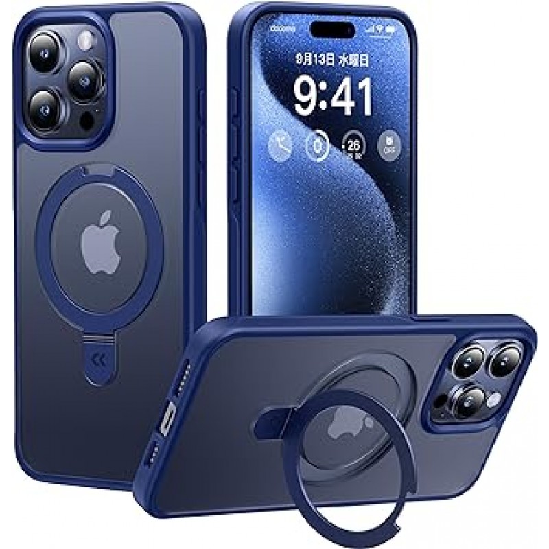 CASEKOO 15ProMax용 케이스 [새로운 생활에 유용/다기능 통합] Magsafe 호환 미군 MIL 표준 충격 방지 히든 스탠드 지문 방지 무광택 마감 황변 방지 스트랩 구멍이 있는 얇은 반투명 스마트폰 케이스 15proMax용 무선 충전 호환 케이스(블루)