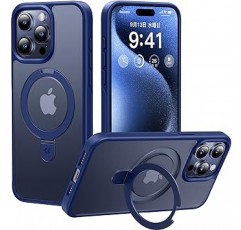 CASEKOO 15ProMax용 케이스 [새로운 생활에 유용/다기능 통합] Magsafe 호환 미군 MIL 표준 충격 방지 히든 스탠드 지문 방지 무광택 마감 황변 방지 스트랩 구멍이 있는 얇은 반투명 스마트폰 케이스 15proMax용 무선 충전 호환 케이스(블루)