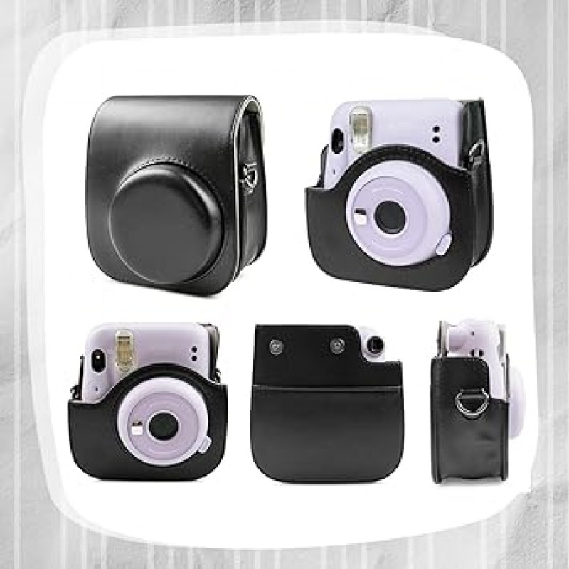 HIYQIN Instax Mini 11/9/8+/8 케이스, 어깨끈이 있는 귀여운 카메라 가방, 백 포켓, PU 가죽, 단색(BK)