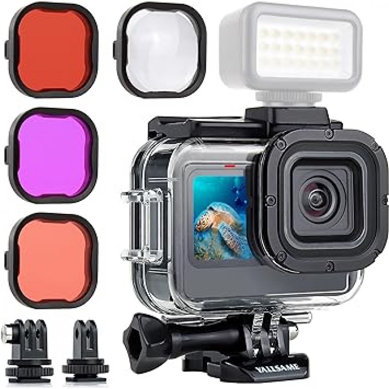 YALLSAME 방수 케이스 GoPro HERO 12 HERO 11 HERO 10 HERO 9 블랙 필터 4개 & 확장 어댑터 포함 59피트 수중 다이빙 보호 하우징 Go Pro 12 11 10 9 스쿠버 다이빙 스노클링 서핑용
