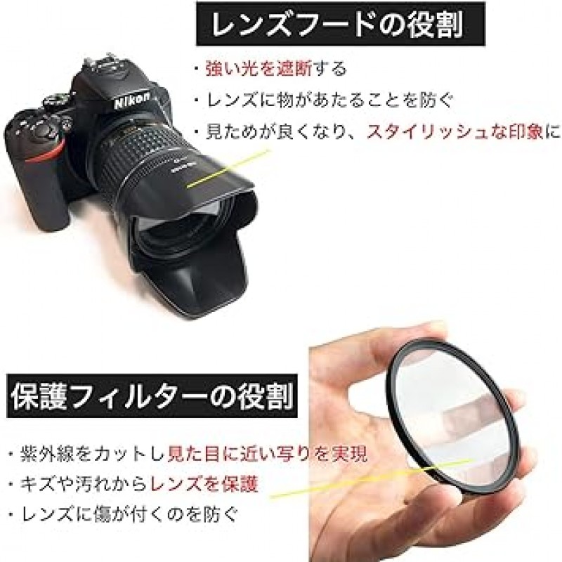 DoriUp Nikon D5600 D5300 D3400 D3500 더블 줌 키트 호환 렌즈 후드 및 필터 4개 세트 [ HB-N106 ] [ HB-77 ] [ 렌즈 필터 55mm & 58mm ] + 정전기 제거 브러시 + 청소용 천 *2