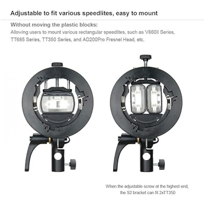 Godox S2 S 브래킷 Godox V1 시리즈 V860II 시리즈 TT350 시리즈 AD400Pro AD200Pro 시리즈용 Bowens 마운트가 있는 플러시 브래킷 Flashing Bowens Mount 플러시 Snoot Softbox 반사판 미용 접시