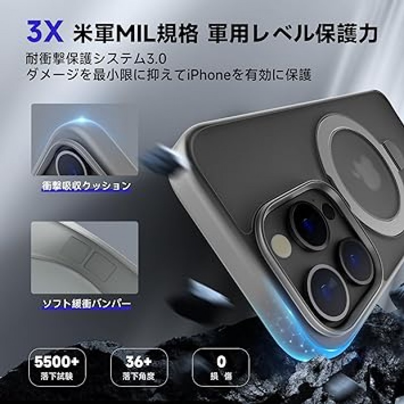 Siaincsy For Phone 15 Pro Max 케이스, Magsafe 호환 휴대폰 케이스 커버, 미군 MIL 표준 원형 스탠드 무선 충전 호환, 스마트폰 케이스, 자석, 황변 방지, 지문 방지, 낙하 방지, iPhone용 액세서리(회색)