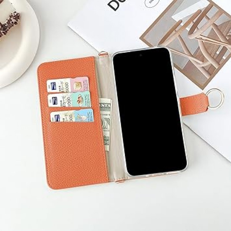 Aquos Sense7 / SH-53C/SHG10용 수첩형 케이스, 6.1인치, 여성용, 아주 귀여운 케이스를 만들어줍니다. 스트랩, 자석, 카드 수납, 스탠드 기능, 프리미엄 PU 가죽, 기분 좋은 질감, 충격 방지, 경량, 방열 , 방수, 완전 보호, 동전 지갑, 수제, 차분한 색상, 주황색