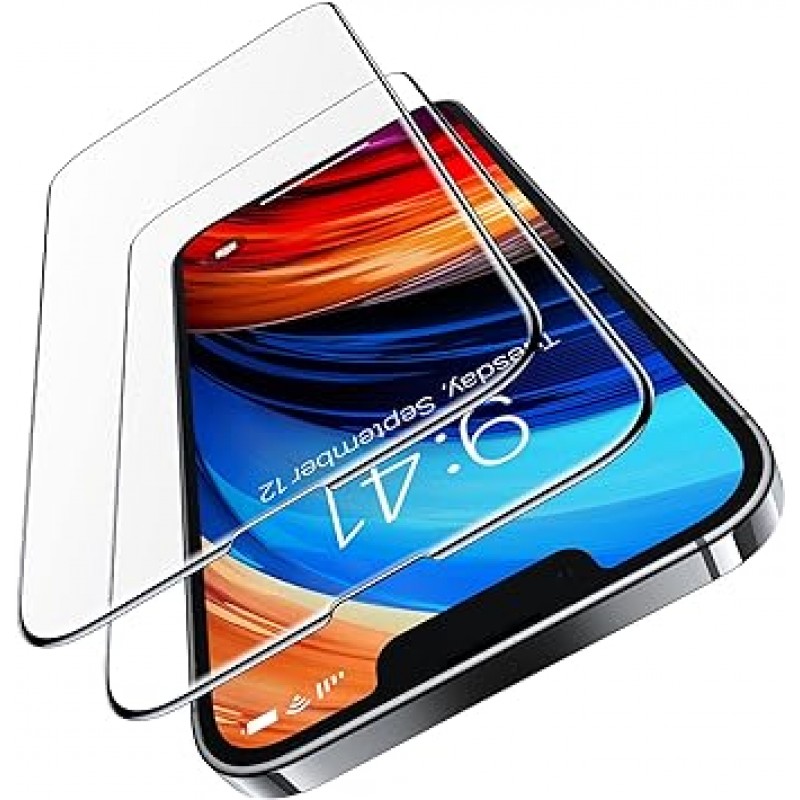 iPhone 13 Mini용 토라스 유리 필름(미군 표준, 항공우주 재료), 새로운 팁, 강화된 초미세 블랙 엣지, 9H 이상, 부드러운 질감, 가이드 프레임, 2개 세트, 5.4인치, iPhone 13 Mini 필름