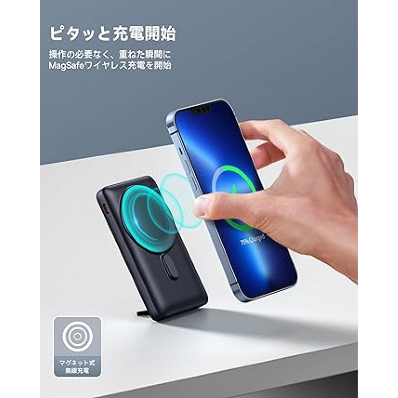 Baseus PPCXZ10 무선 모바일 배터리, Magsafe 호환, 10,000mAh, 20W, 자기 충전 스탠드, 급속 충전, 숨겨진 스탠드, PD 호환, 동시에 2개 장치, 통과 충전, 대용량, 경량, 얇은, LED 디스플레이, iPhone과 호환 가능 14, 13, 12 시리즈, Galaxy S22 시리즈, Android, PSE 인증, USB-C 케이블 포함, Nebi Blue