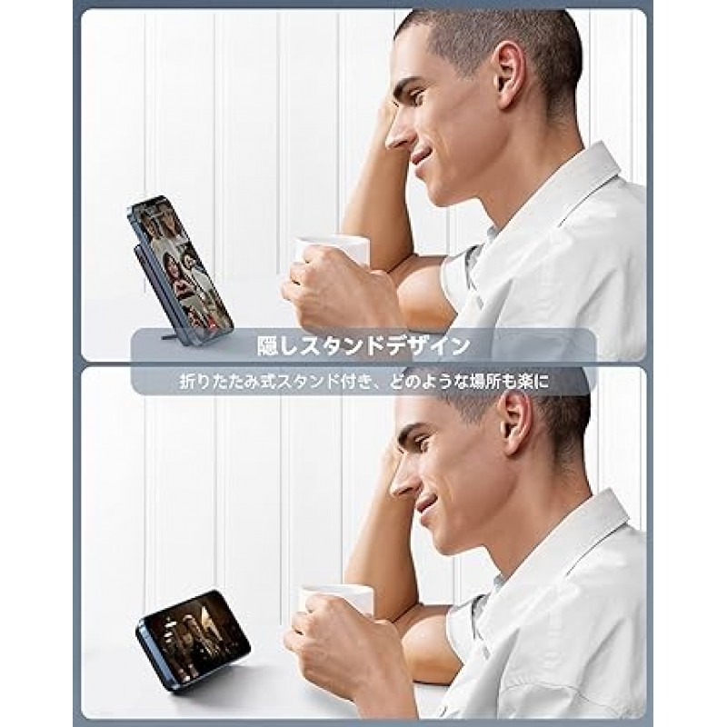 Baseus PPCXZ10 무선 모바일 배터리, Magsafe 호환, 10,000mAh, 20W, 자기 충전 스탠드, 급속 충전, 숨겨진 스탠드, PD 호환, 동시에 2개 장치, 통과 충전, 대용량, 경량, 얇은, LED 디스플레이, iPhone과 호환 가능 14, 13, 12 시리즈, Galaxy S22 시리즈, Android, PSE 인증, USB-C 케이블 포함, Nebi Blue