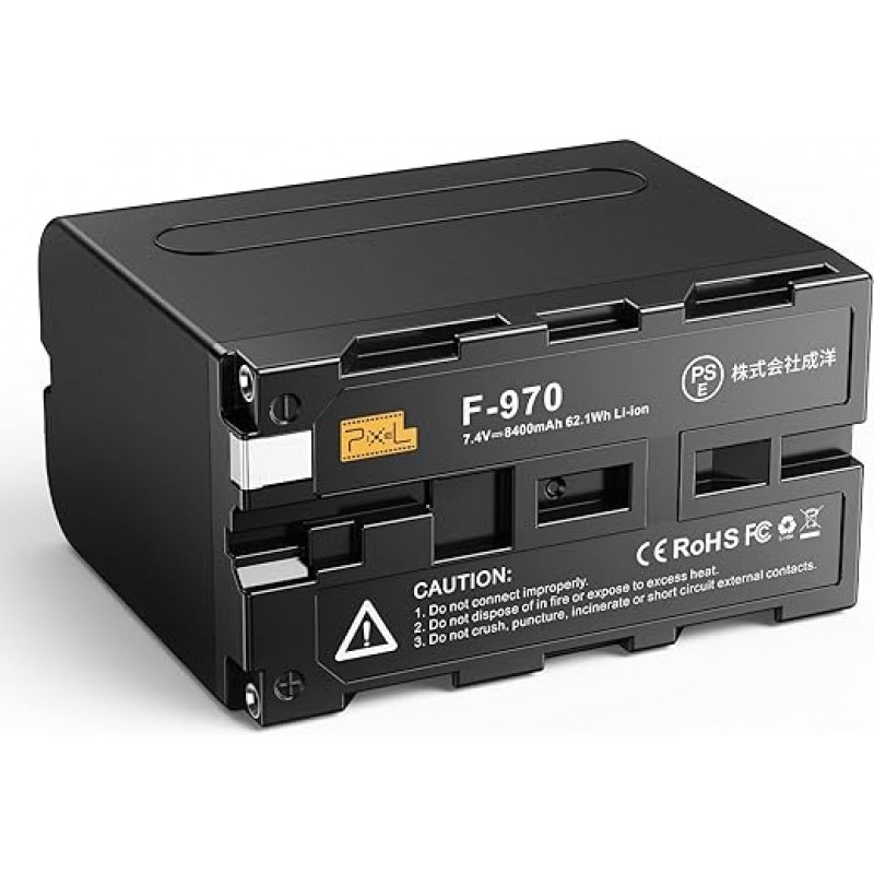 NP-F970 교체 배터리 픽셀 8400mAh 리튬 이온 배터리 7.4V 고용량 단일 배터리 전원 공급 장치 모니터/비디오 조명/링 라이트용 배터리 Sony NP-F750 F550 F770 F960 F975 F930 F570 전체 교체 Sony CCD-SC55, NINJA-V용 배터리 , bmpcc4k, Pixel K80 RGB LED 조명 적용