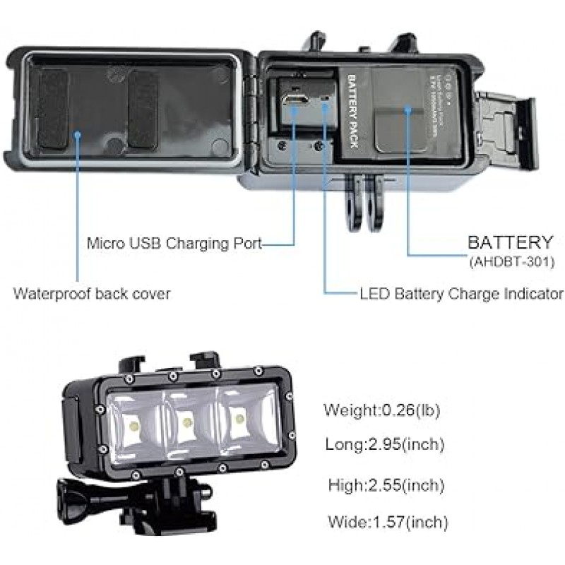 Suptig LED 비디오 조명 Xshot 조광 가능 45m 방수 Gopro 카메라