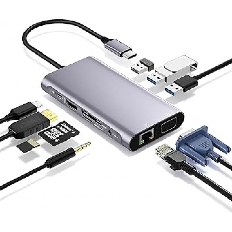 [2023 고성능 버전] USB C 허브 10-in-1 트리플 디스플레이 유형 C 허브 도킹 스테이션 변환기 어댑터(4K HDMI 출력 포트/1080P VGA 포트/PD 100W 급속 충전 포트/1Gbps 이더넷/3.5mm 포트/MicroSD 및 SD 카드 슬롯) MacBook Pro Air / iPad Pro / Samsung Galaxy S200 / note 20 ChromeBook / Surface Go / Pro7 / Matebook / Nint