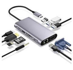 [2023 고성능 버전] USB C 허브 10-in-1 트리플 디스플레이 유형 C 허브 도킹 스테이션 변환기 어댑터(4K HDMI 출력 포트/1080P VGA 포트/PD 100W 급속 충전 포트/1Gbps 이더넷/3.5mm 포트/MicroSD 및 SD 카드 슬롯) MacBook Pro Air / iPad Pro / Samsung Galaxy S200 / note 20 ChromeBook / Surface Go / Pro7 / Matebook / Nint