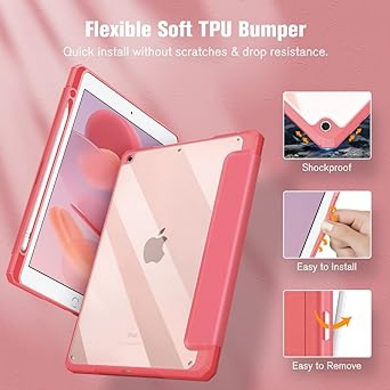 Fintie iPad 10.2 케이스, iPad 9세대/8/7세대 케이스, 2021 2020 2019 Apple Pencil용 투명 뒷면 커버 접이식 삼중 접이식 스탠드 수면 기능 경량 얇은 긁힘 방지 PU 합성 가죽 TPU (모델 # A2602, A2603, A2604, A2605) (수박)