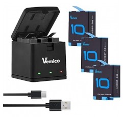 Vemico GoPro Hero 9/Hero 10 배터리 충전기 세트 3 x 1800mAh 예비 배터리 충전기 유형 C USB 접이식 충전기 세트 Gopro Hero9 Black/Gopro Hero10 Black 카메라와 호환 가능)