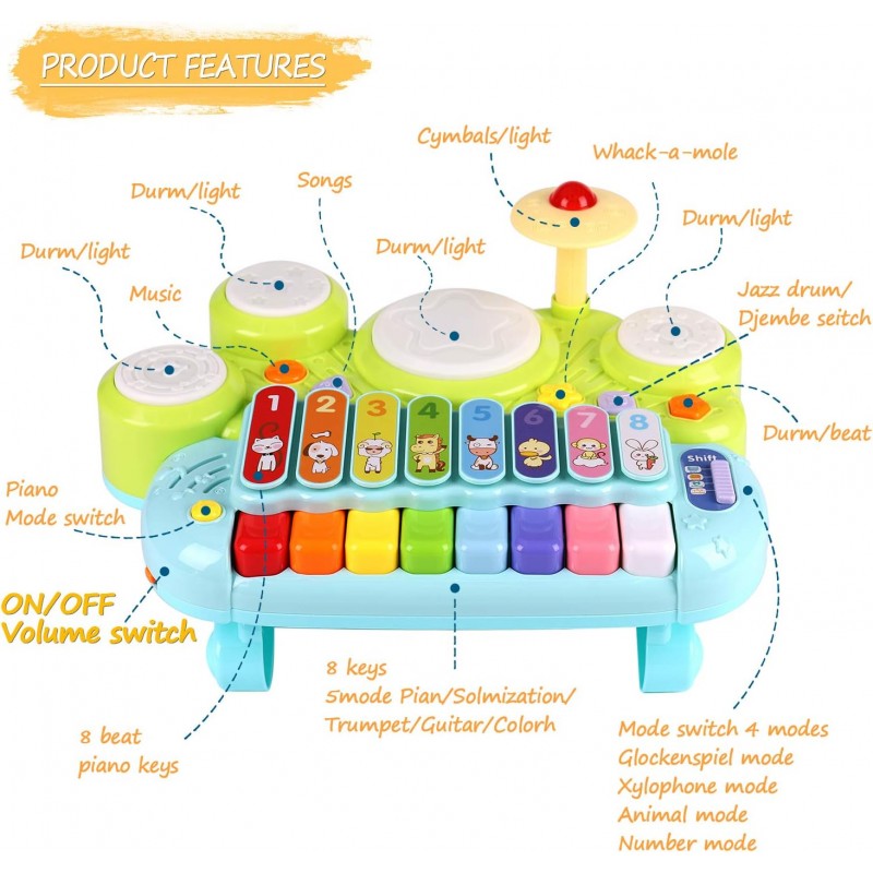 AugToy 아기 뮤지컬 장난감 3 in 1 피아노 키보드 실로폰 드럼 세트