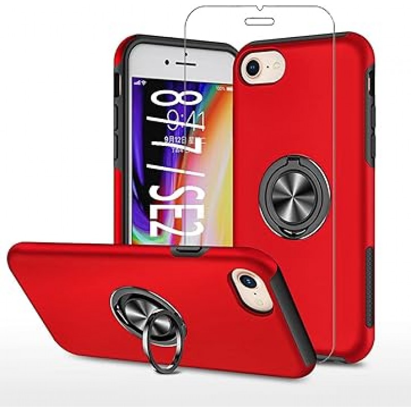 스마트폰 케이스 iPhone SE 케이스 3세대 2020 iPhone 8 7 se3 6s 6과 호환 링 스탠드 충격 방지 + 4.7인치 강화 유리 필름 7 케이스 Aifon 8 iPhone 7 전화 커버 레드