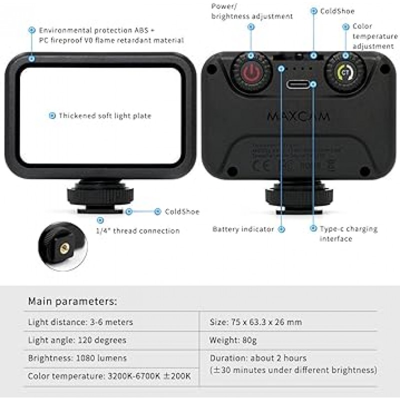 MAXCAM 2 색 LED 카메라 비디오 라이트 액세서리 패키지는 LED 보광 램프 + 휴대용 클립 + 삼각대, 조명 지속 시간 2 시간, 디밍 가능 3200 K-6700 K, 밝기 1080 루멘