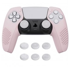 PlayVital PS5 컨트롤러 커버, 인체공학적 소프트 컨트롤러 실리콘 커버, 그립 전용 분할 디자인, PS5 컨트롤러용 썸스틱 캡, 충전 스탠드와 호환 가능 [3D Studded Edition-Cherry Blossom Pink]