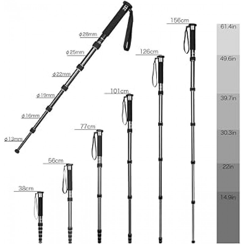 koolehaoda 6단 알루미늄 합금 모노포드, 휴대용 모노포드, 접는 길이 15.0인치(38cm), 적재 용량 22.0lbs(10kg) - (블랙)