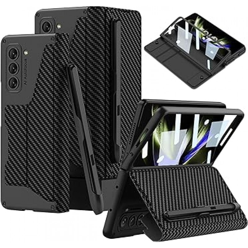 DEMCERT Galaxy Z Fold 5 케이스, Fold 5 케이스, Fold5 가죽 케이스, 통합 정품 가죽 케이스, Galaxy z Fold 5 유리 필름 케이스, 가죽, 노트북 유형, 스탠드 기능, 무선 충전 호환, 카드 보관함, 렌즈 보호, 충격 방지, 얼룩 방지, 패셔너블한 케이스 [Z Fold5용 S펜 슬롯](탄소 섬유)