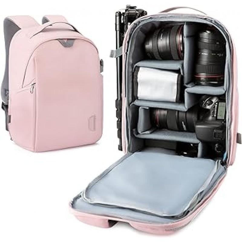 BAGSMART 카메라 백팩 도난 방지 DSLR SLR 카메라 가방 방수 캔버스 백팩 15 인치까지의 노트북에 대응 레인 커버 첨부 삼각대 홀더 남녀 겸용 핑크