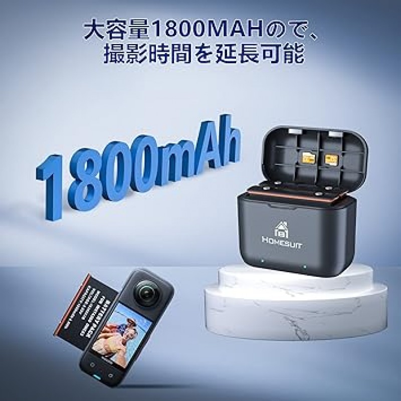 Homesuit Insta360 X3 배터리, 1,800mAh x 2, 방수, 접이식 Insta 급속 충전기 세트, USB-C 케이블, Insta ONE X3와 호환 가능, PSE 등록됨