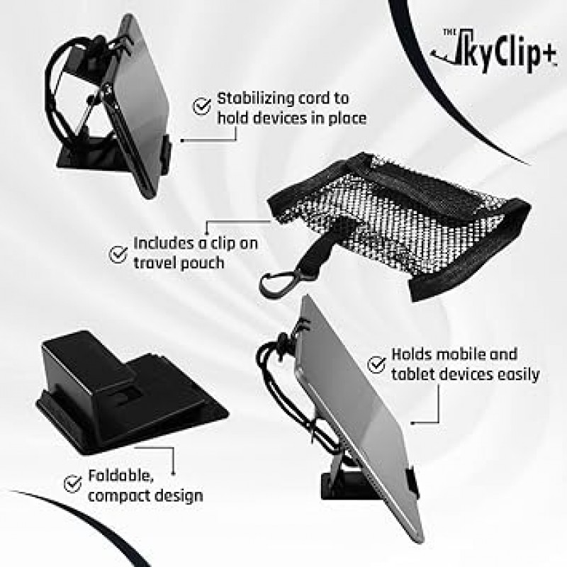 SkyClip+ 휴대폰 & 태블릿 홀더 비행기 여행 가정 사무실용 - 기내 전화 마운트 & 스탠드 iPhone Android Kindle 태블릿 대응 - 궁극의 여행 액세서리 (블랙)