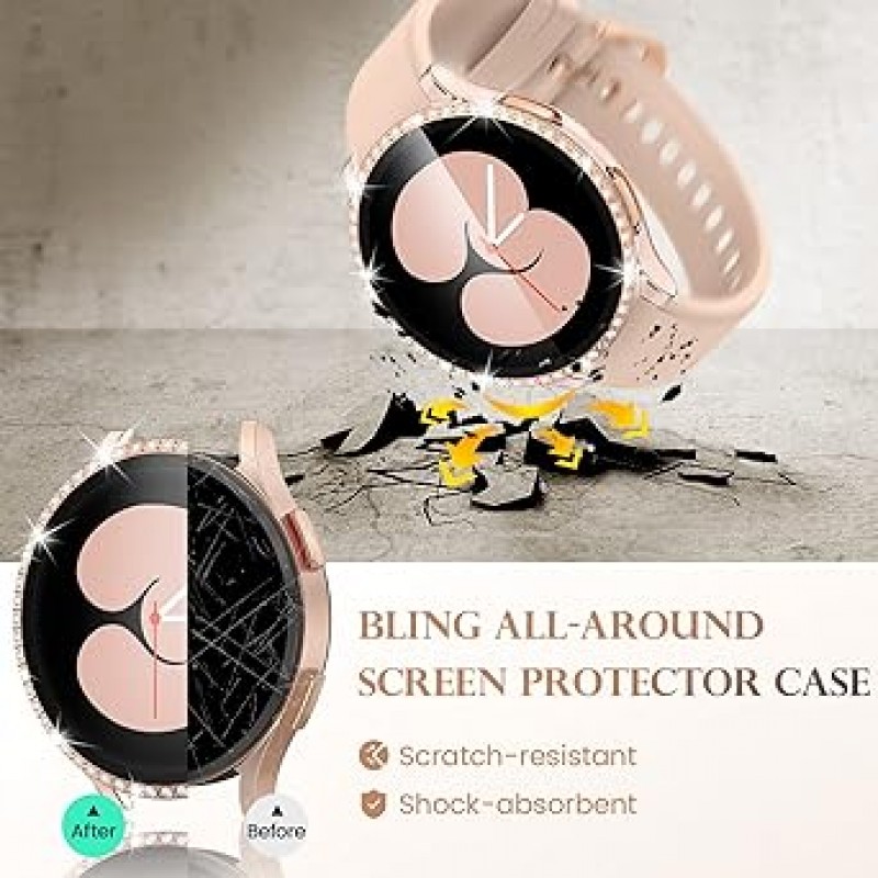 Goton Samsung Galaxy Watch 5 & 4 용 스크린 프로텍터 40mm 반짝이 케이스 액세서리 크리스탈 다이아몬드 보호 커버 강화 유리 필름 포함 Galaxy Watch4 40mm 용 핑크 / RG