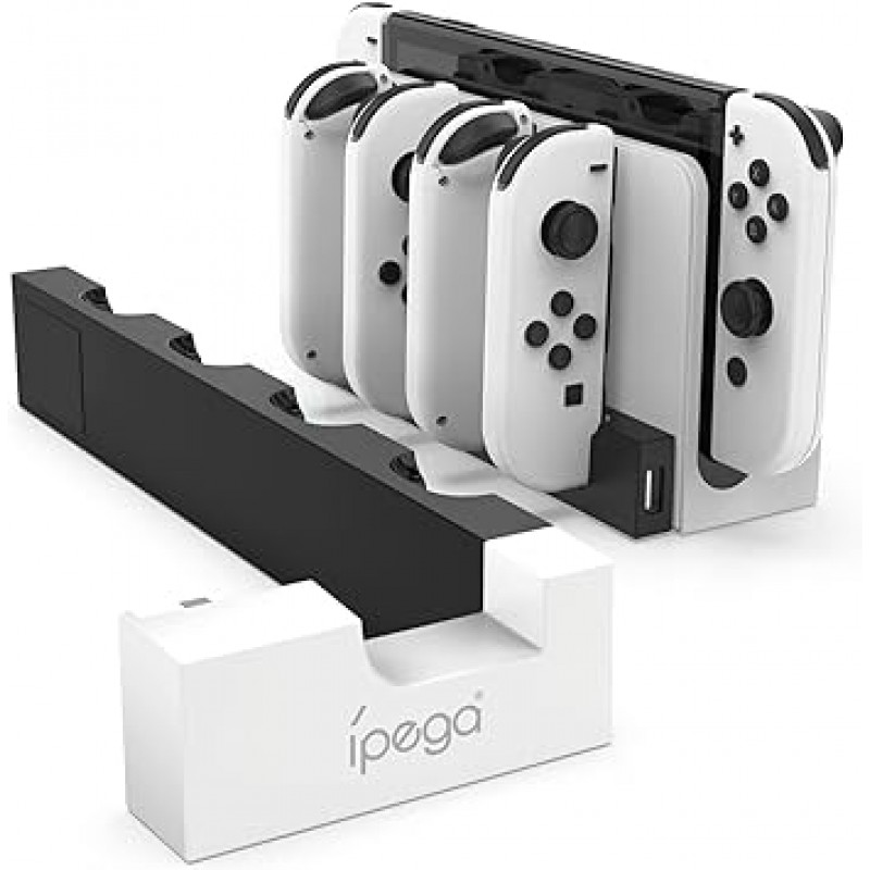 ipega PG-9186 Joy-Con 손잡이, 충전 홀더, 4개 동시 충전 Joy-Con 충전기, 보관함, 일체형, 급속 충전, 충전 상태 표시 램프, 스위치 호환 OLED/스위치(유기 EL 모델), 일본어 사용 설명서 포함됨(영어는 보장되지 않음)(흰색)