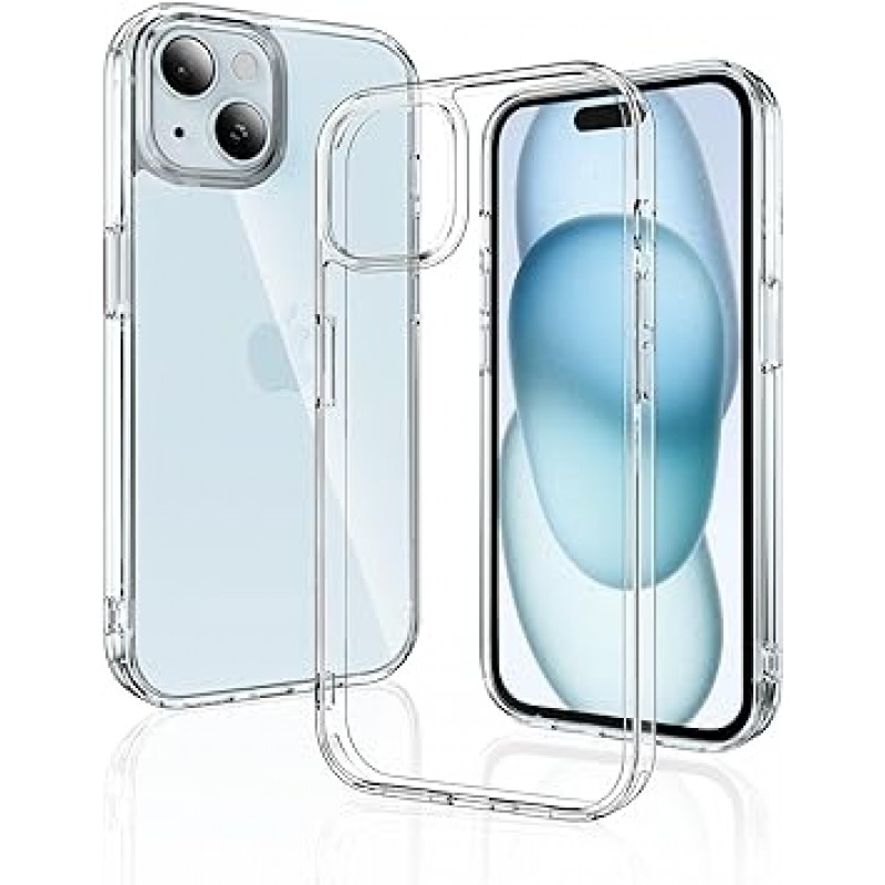 Vikisda iPhone 15 케이스, iPhone 15 커버, 투명 PC 뒷면 + TPU 범퍼 케이스, 충격 방지, 긁힘 방지, 지문 방지, 황변 없음, 초박형, 미끄럼 방지, 스트랩 구멍이 있는 전체 보호 커버, 미군 MIL 등록, iPhone 15 Pro용 6.1인치 케이스, 투명