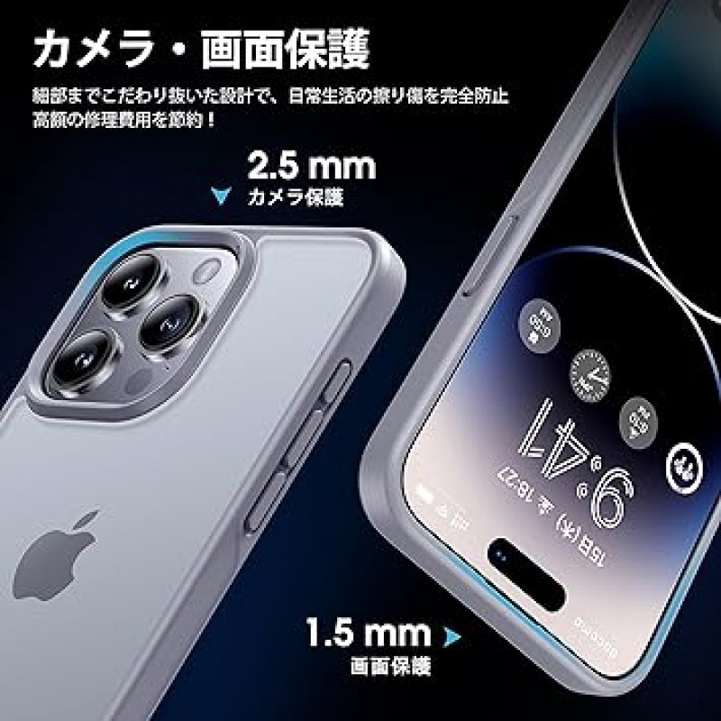 CASEKOO iPhone 15 Pro 케이스, 충격 방지, 미끄럼 방지, 지문 방지, 미국 군용 MIL 표준, 무광 마감, 스트랩 구멍, SGS 인증, 황변 방지, 내구성, 커버, 무선 충전 호환, 6.1인치 케이스(무광 회색)