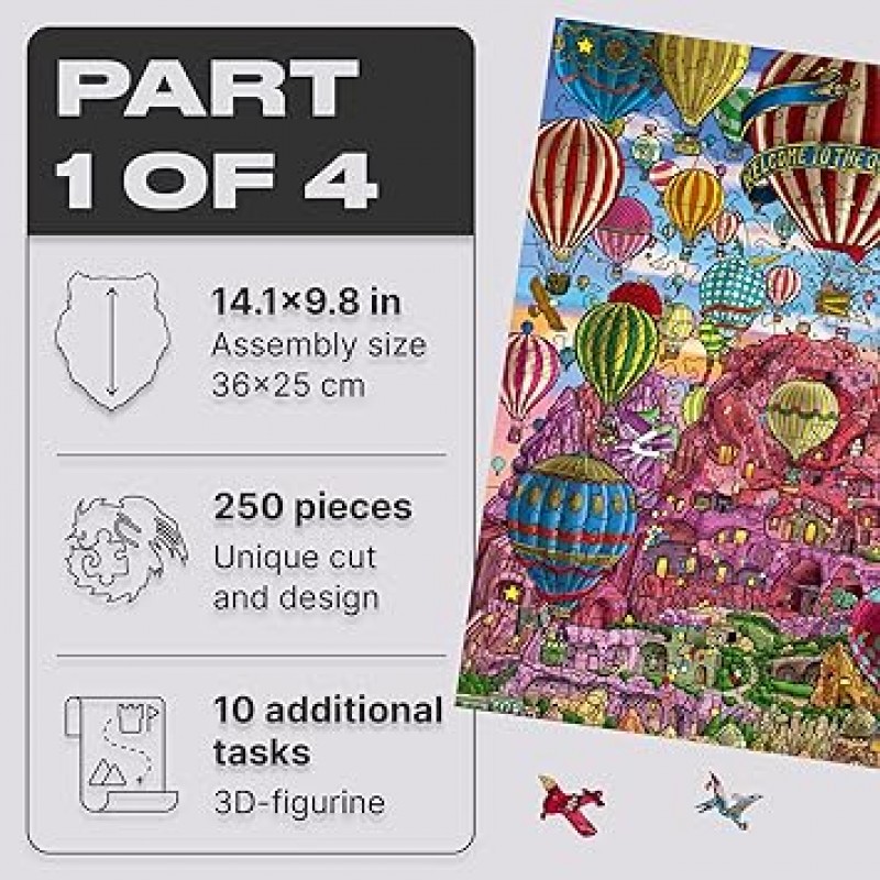 UNIDRAGON Original + IC4 디자인 나무 퍼즐 직소 퍼즐 보드 게임, Quezzle Amazing Cappadocia, Part 1, 250 Pieces, 14.1 x 9.8 Inches