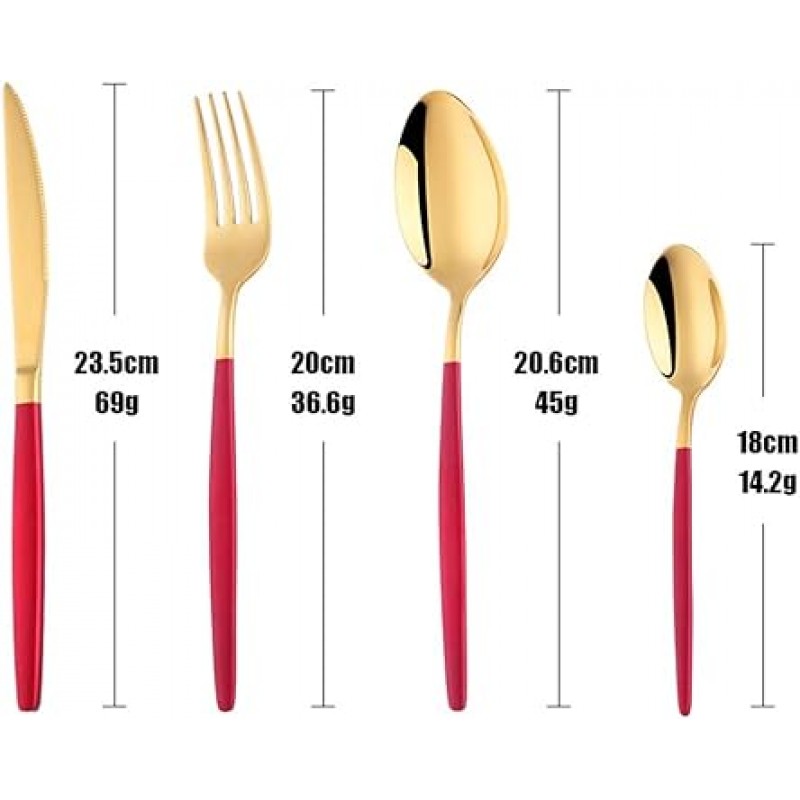 Bisda 스테이크 나이프 디너 포크 디너 스푼 커피 스푼 4 피스 칼 세트 스테인레스 스틸 미러 마감 레드/골드