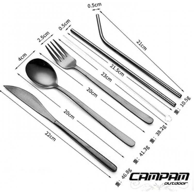 CAMPAM 경량 휴대용 야외 솔로 캠핑 요리 칼 모듬 스테인레스 스틸 SUS304 포크 나이프 스푼 밀짚 청소 브러쉬 7 개 세트 BBQ 투어링 미식가 레저 여행 낚시 등산 식기 보관 가방 실버