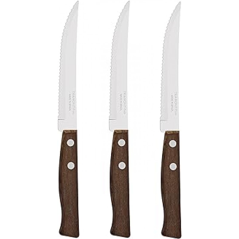 Tramontina 전통 헤비 듀티 천연 나무 손잡이 스테이크 나이프 8.3인치(21cm) 3개 세트 열처리 나이프 3개 세트 경량 내구성 브라질산 22200/305 TRAMONTINA