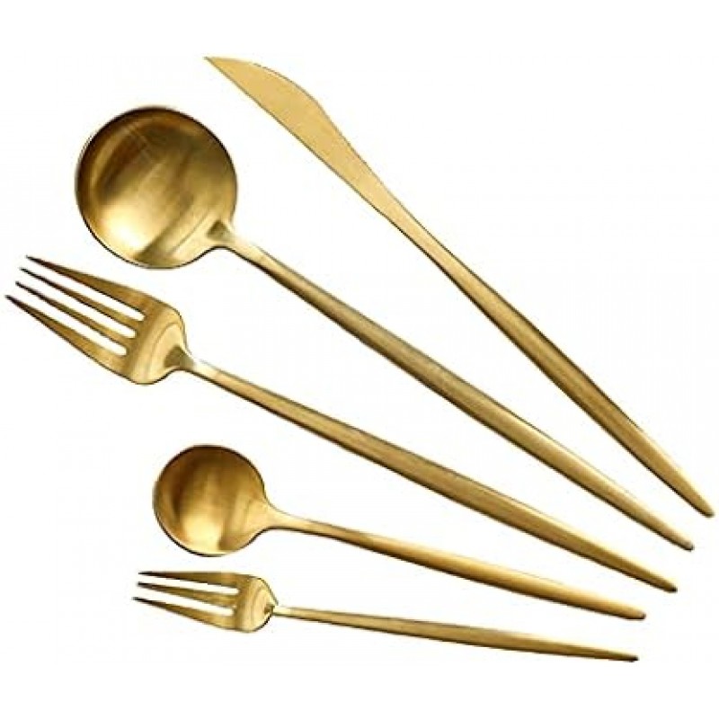 cuton 커트러리 세트, 스푼, 포크, 나이프, 젓가락, 1인용, 디너 스푼, 디너 포크, 테이블 나이프, 5종, 포르투갈 큐티폴 스타일, 키즈, 레스토랑, 양식, 식기, 주방, 18-8, 스테인리스 스틸, 스테이크, 피자, 파스타, 디저트, 케이크, 커피, 집, 레스토랑, 저녁식사, 결혼선물, 선물 (매트골드, 5개세트) 나)