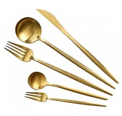 cuton 커트러리 세트, 스푼, 포크, 나이프, 젓가락, 1인용, 디너 스푼, 디너 포크, 테이블 나이프, 5종, 포르투갈 큐티폴 스타일, 키즈, 레스토랑, 양식, 식기, 주방, 18-8, 스테인리스 스틸, 스테이크, 피자, 파스타, 디저트, 케이크, 커피, 집, 레스토랑, 저녁식사, 결혼선물, 선물 (매트골드, 5개세트) 나)