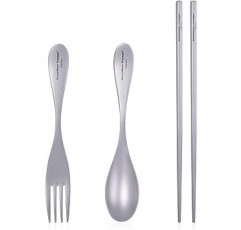 Boundless Voyage Ti1071T 티타늄 수저, 포크, 순수 티타늄 식기, 커트러리 세트, 방청, 경량, 가정용, 캠핑, 양식, 일식, 티타늄 커트러리 세트(티타늄 수저, 포크 및 네모 젓가락)