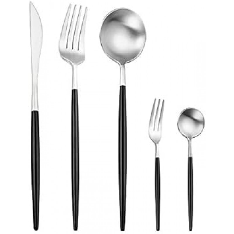Andoo 양식기 세트 골드 세련된 양식기 스테인레스 스틸 디너 칼 세트 나이프 스푼 포크 세트 광택 있는 고급 스테이크 나이프 테이블 나이프 디저트 스푼 파스타 포크 디너 세트는 잘 자를 수 있습니다 디너 나이프 포크 스푼 스테이크 포크 식당용 서양 칼 세트 가정용 식기 세척기 안전 주방 용품 크리스마스 결혼 선물 Gift (디너스푼+나이프+포크+티스푼+케이크포크) 5 베이직 (블랙실버, 5팩)