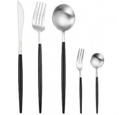 Andoo 양식기 세트 골드 세련된 양식기 스테인레스 스틸 디너 칼 세트 나이프 스푼 포크 세트 광택 있는 고급 스테이크 나이프 테이블 나이프 디저트 스푼 파스타 포크 디너 세트는 잘 자를 수 있습니다 디너 나이프 포크 스푼 스테이크 포크 식당용 서양 칼 세트 가정용 식기 세척기 안전 주방 용품 크리스마스 결혼 선물 Gift (디너스푼+나이프+포크+티스푼+케이크포크) 5 베이직 (블랙실버, 5팩)