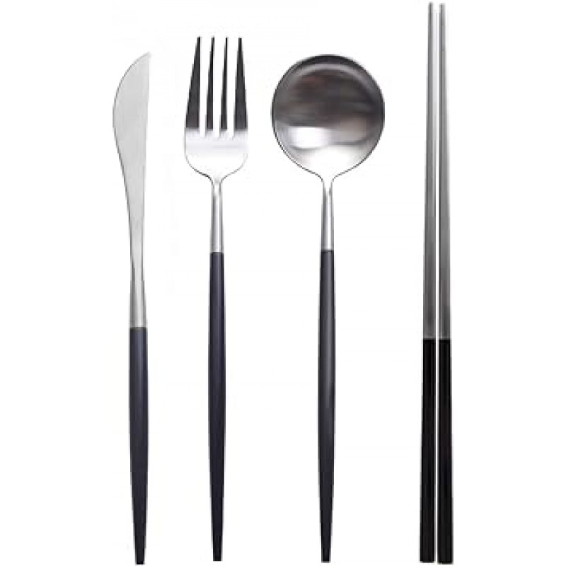 Hive Mind 스칸디나비아 스타일 커트러리 세트, 숟가락, 포크, 나이프, 젓가락, 4개 세트(블랙 실버)