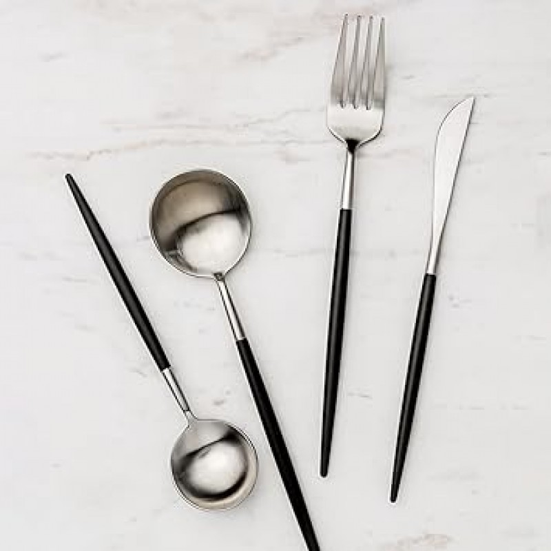 Hive Mind 스칸디나비아 스타일 커트러리 세트, 숟가락, 포크, 나이프, 젓가락, 4개 세트(블랙 실버)