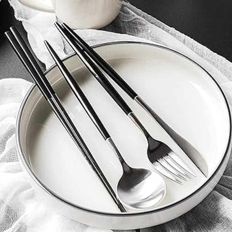 Hive Mind 스칸디나비아 스타일 커트러리 세트, 숟가락, 포크, 나이프, 젓가락, 4개 세트(블랙 실버)