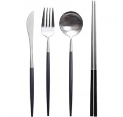 Hive Mind 스칸디나비아 스타일 커트러리 세트, 숟가락, 포크, 나이프, 젓가락, 4개 세트(블랙 실버)